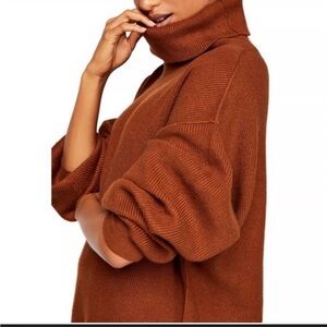 Free People Brown Knit Balloon Sleeve Funnel Turtleneck